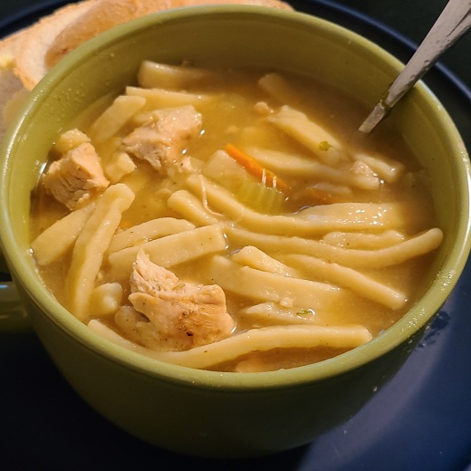 A piping-hot bowl of grilled chicken noodle soup!